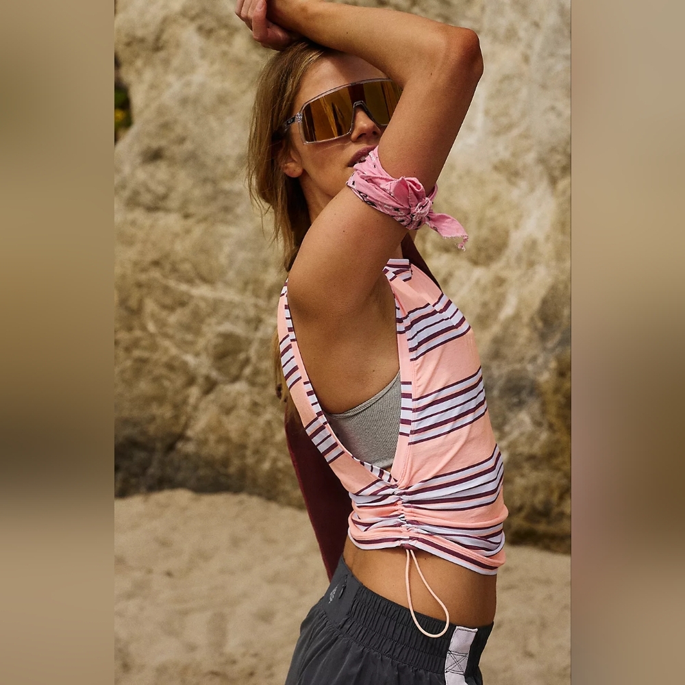 FP Movement Tempo Sport Mode L Peach Clove Striped Tank Top Free People Ruched